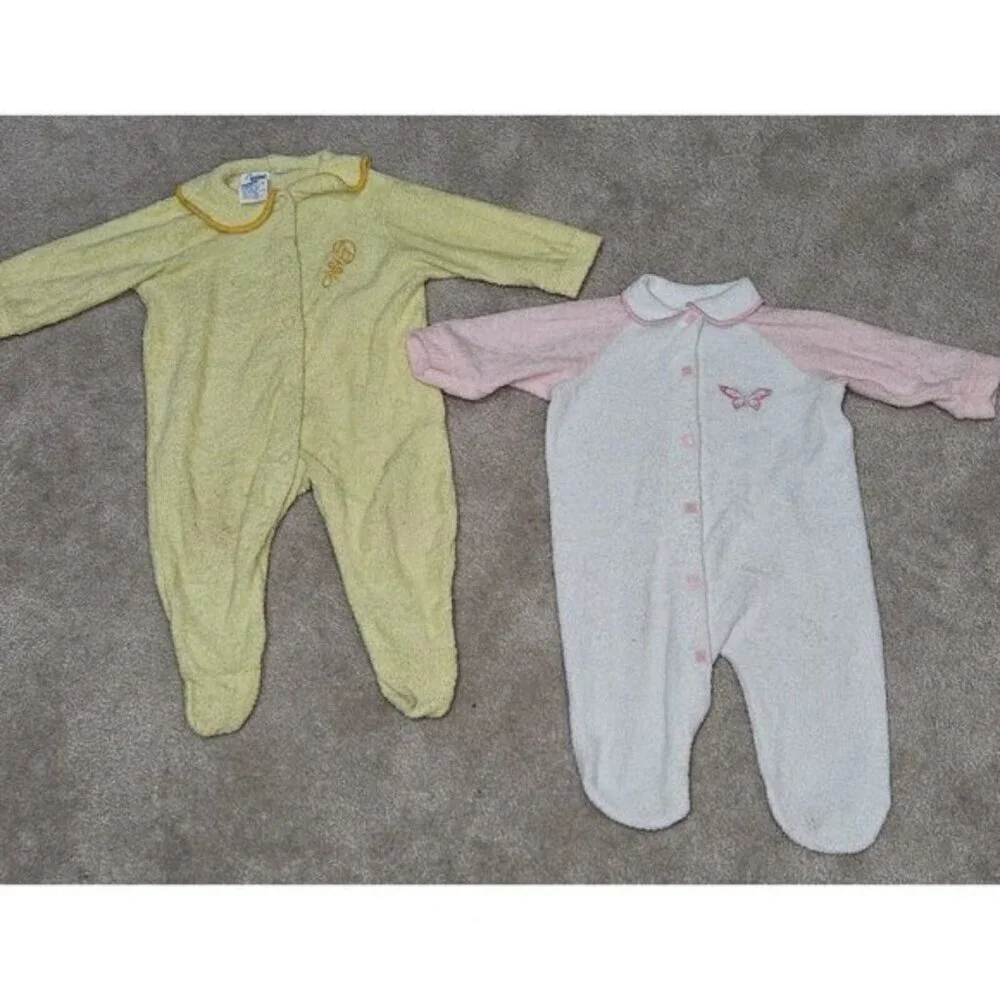 9 VTG Terrycloth Footie Pajama Lot Baby Newborn 0-3 Month Yellow Pink White READ
